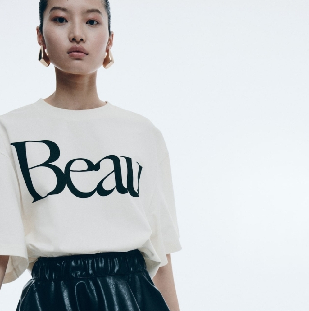 H&M Cropped T-Shirt - Cream/Beau- Ladies